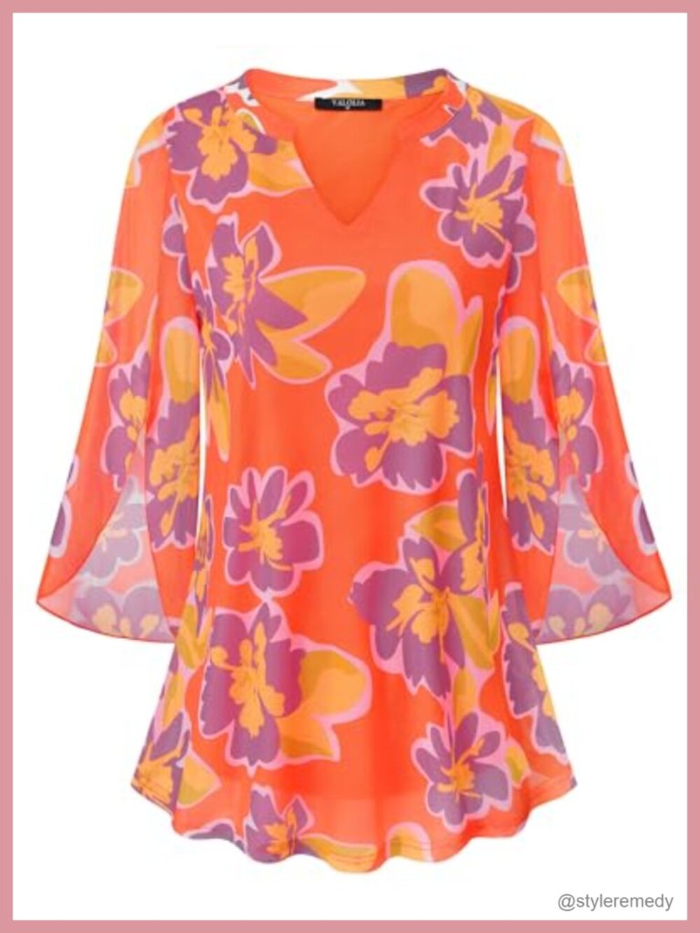 Women's 3/4 Sleeve Floral Tunic Top V Neck Mesh Blouse